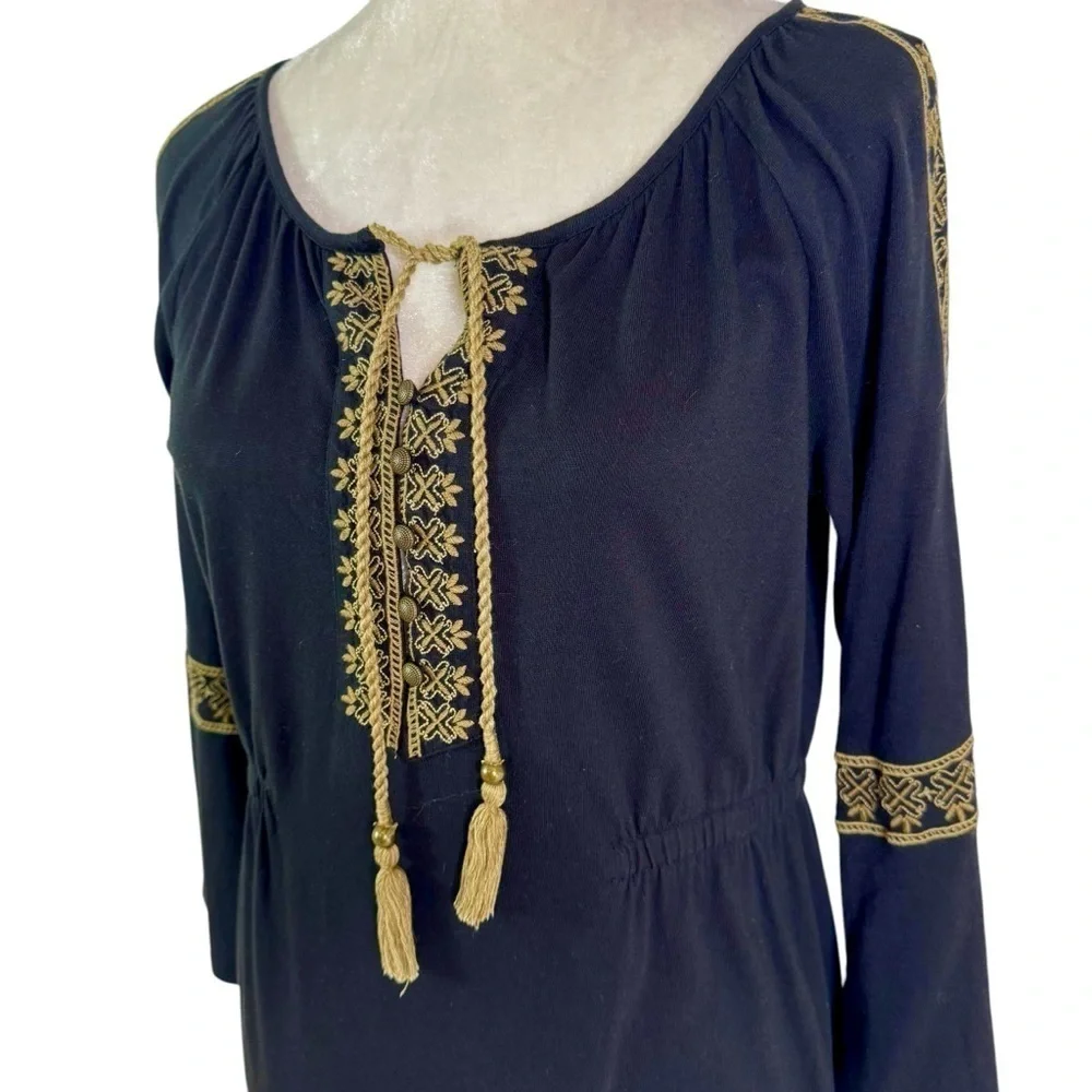 J. Jill Embroidered Cotton Blend Boho Knit Peasant Sheath Dress Black Size S